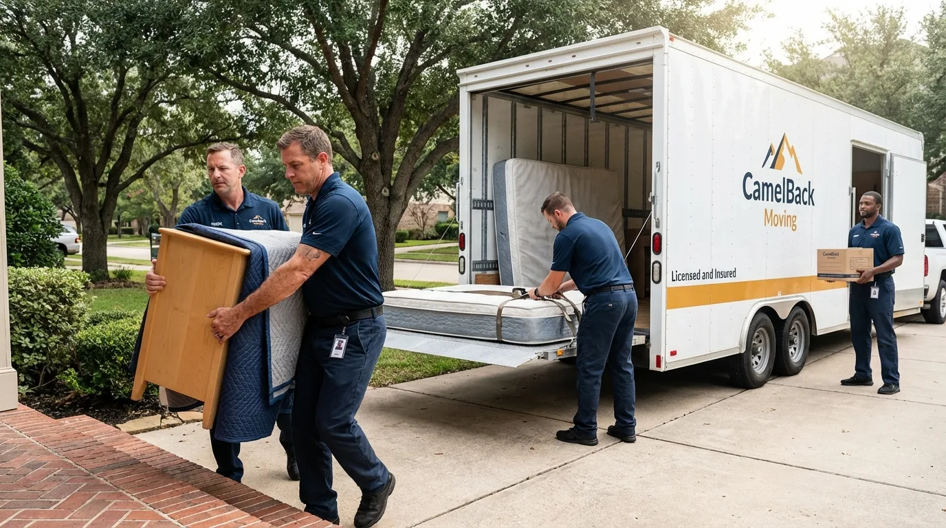 Crew loading residential truck for cross-state move from Lafayette, CA