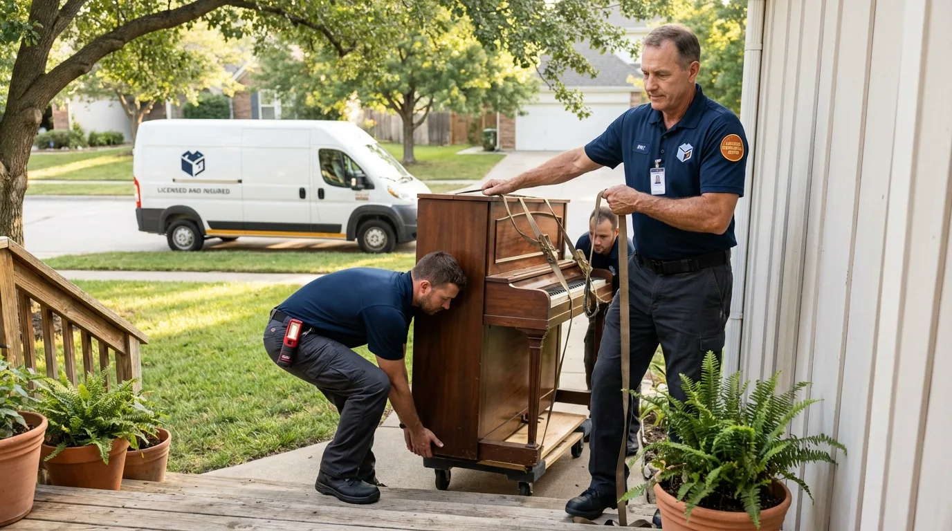 Licensed piano movers securing grand piano in Lafayette, CA