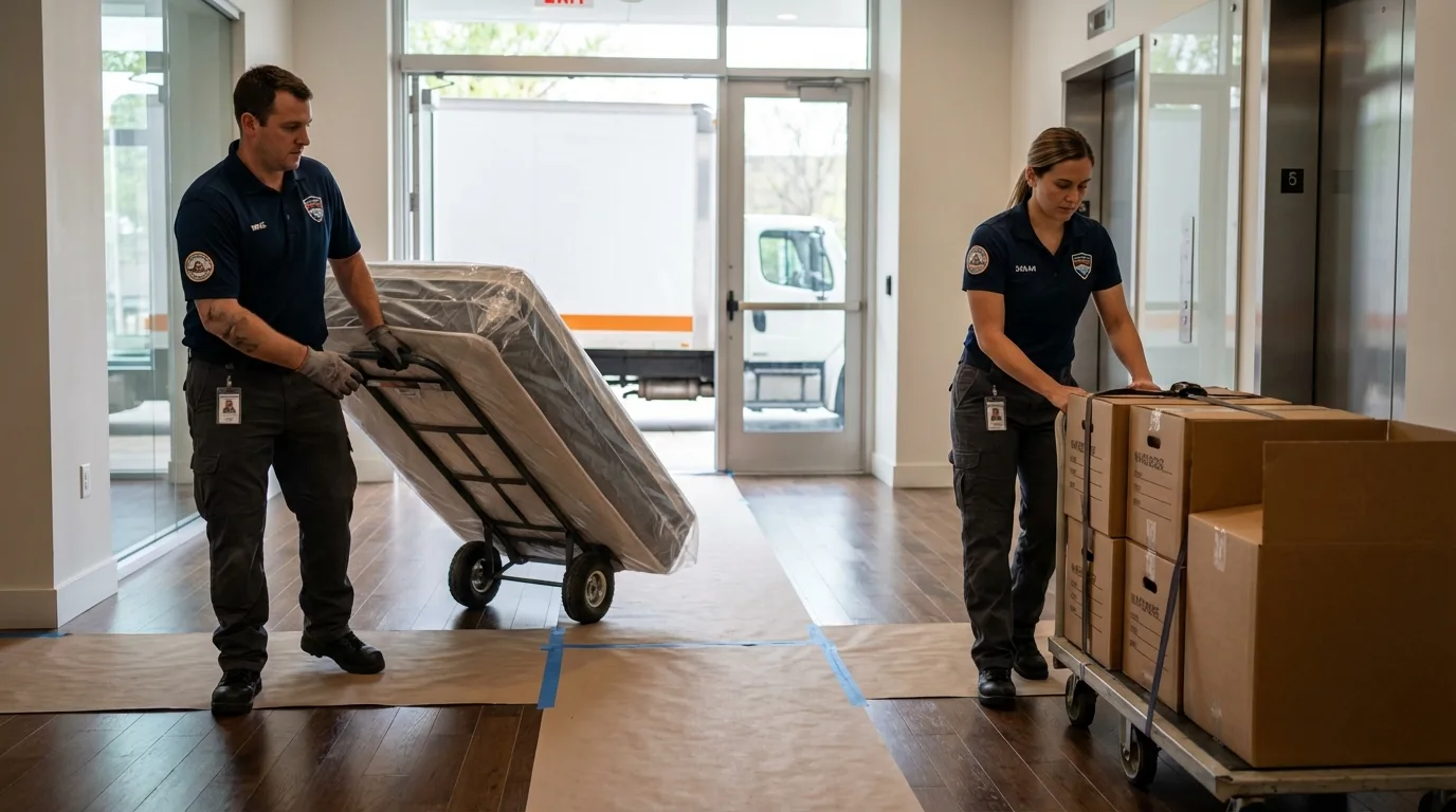 Professional apartment movers loading elevator in Lafayette, CA